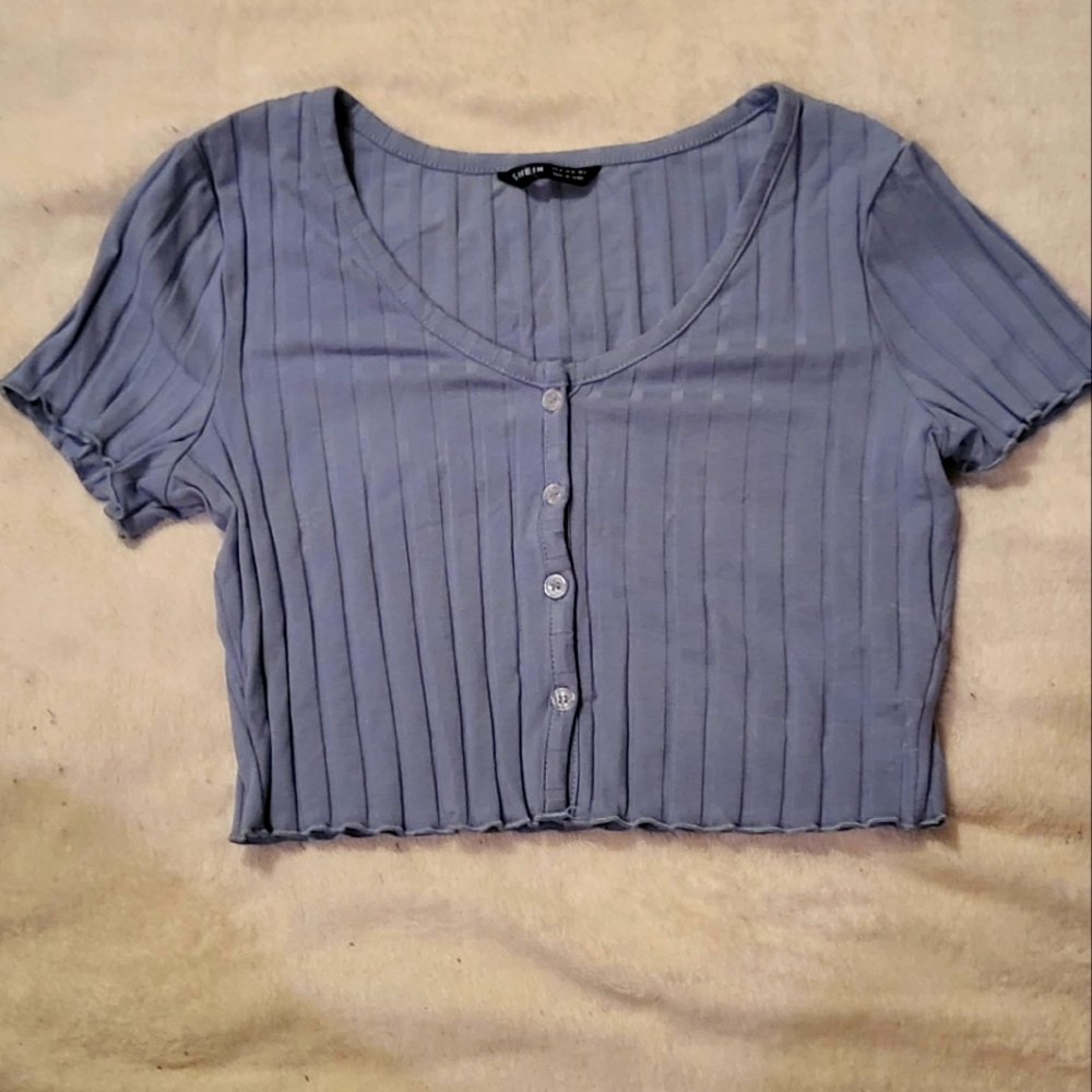 Shein button up crop top blue